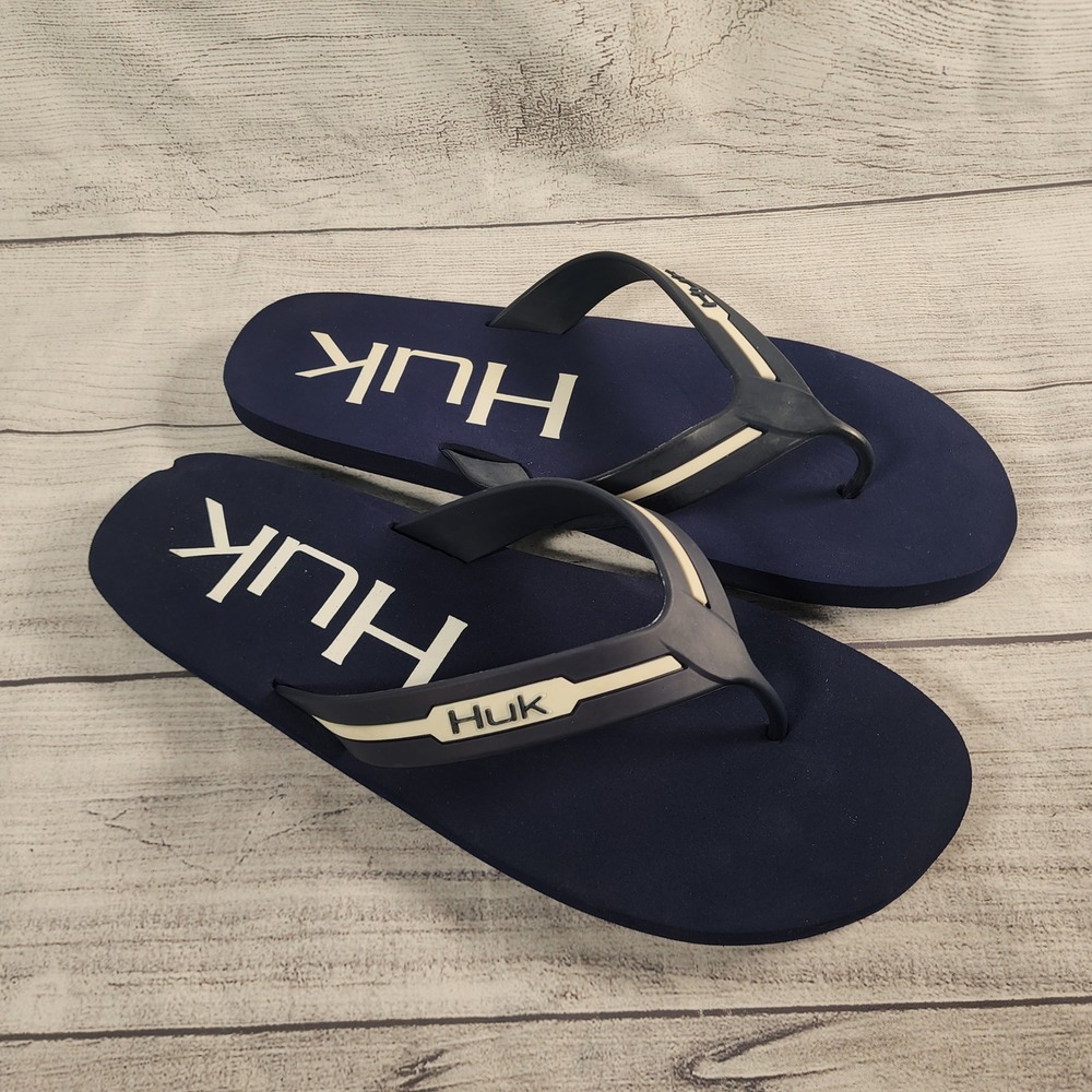 Huk Flipster Men's Size 14 Navy Blue White Logo Flip Flop Sandals H8332000